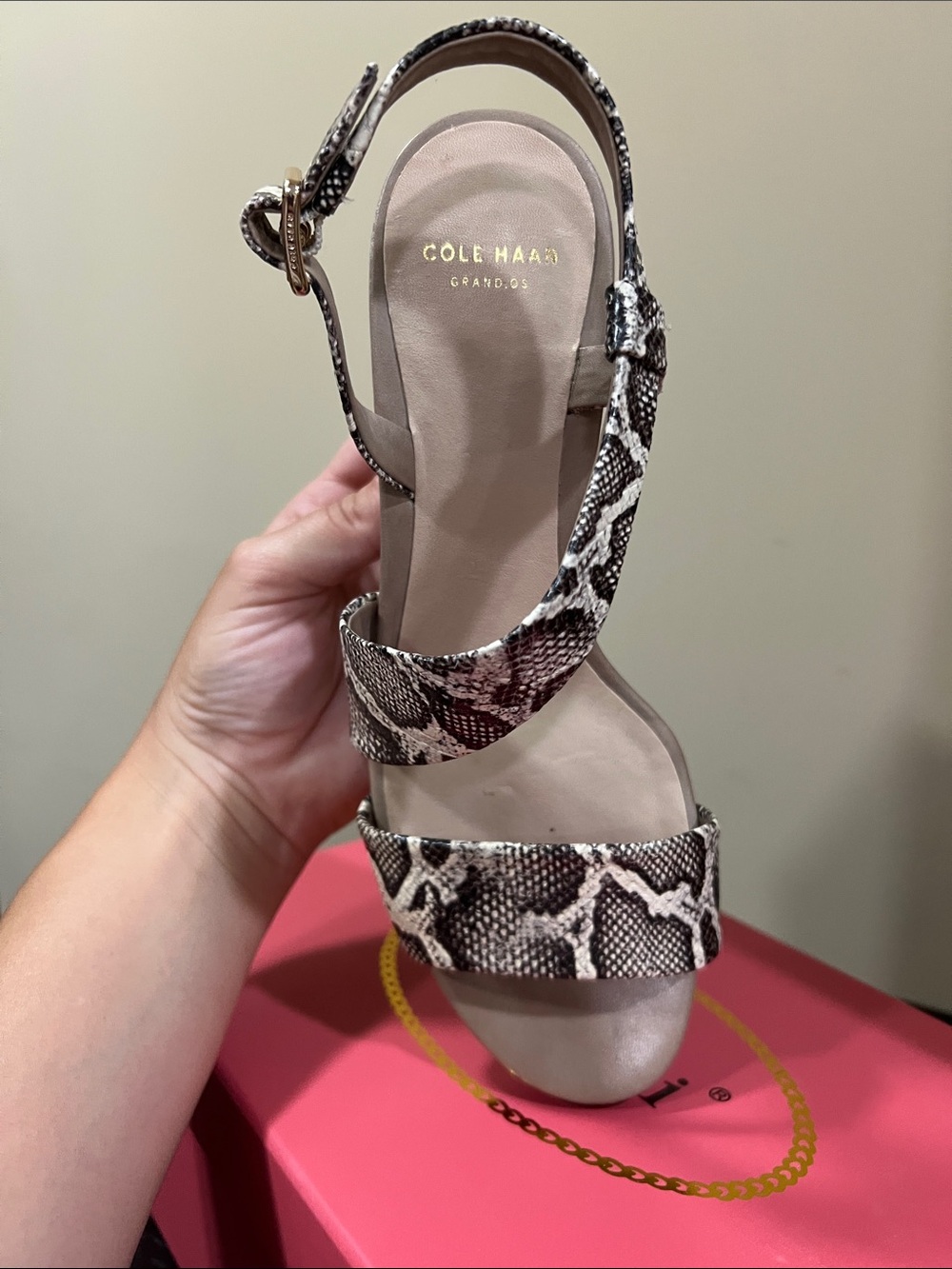 Cole Haan Snake-Print Ankle Strap Sandal in Black and Cream